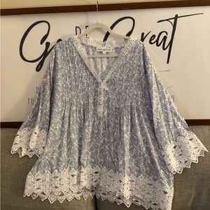 Chelsea & Theodore Blue and White Floral Lace Blouse